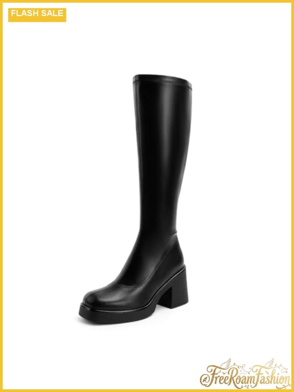 Faux Leather Knee High Boots Platform Square Toe Chunky Heel Side Zip